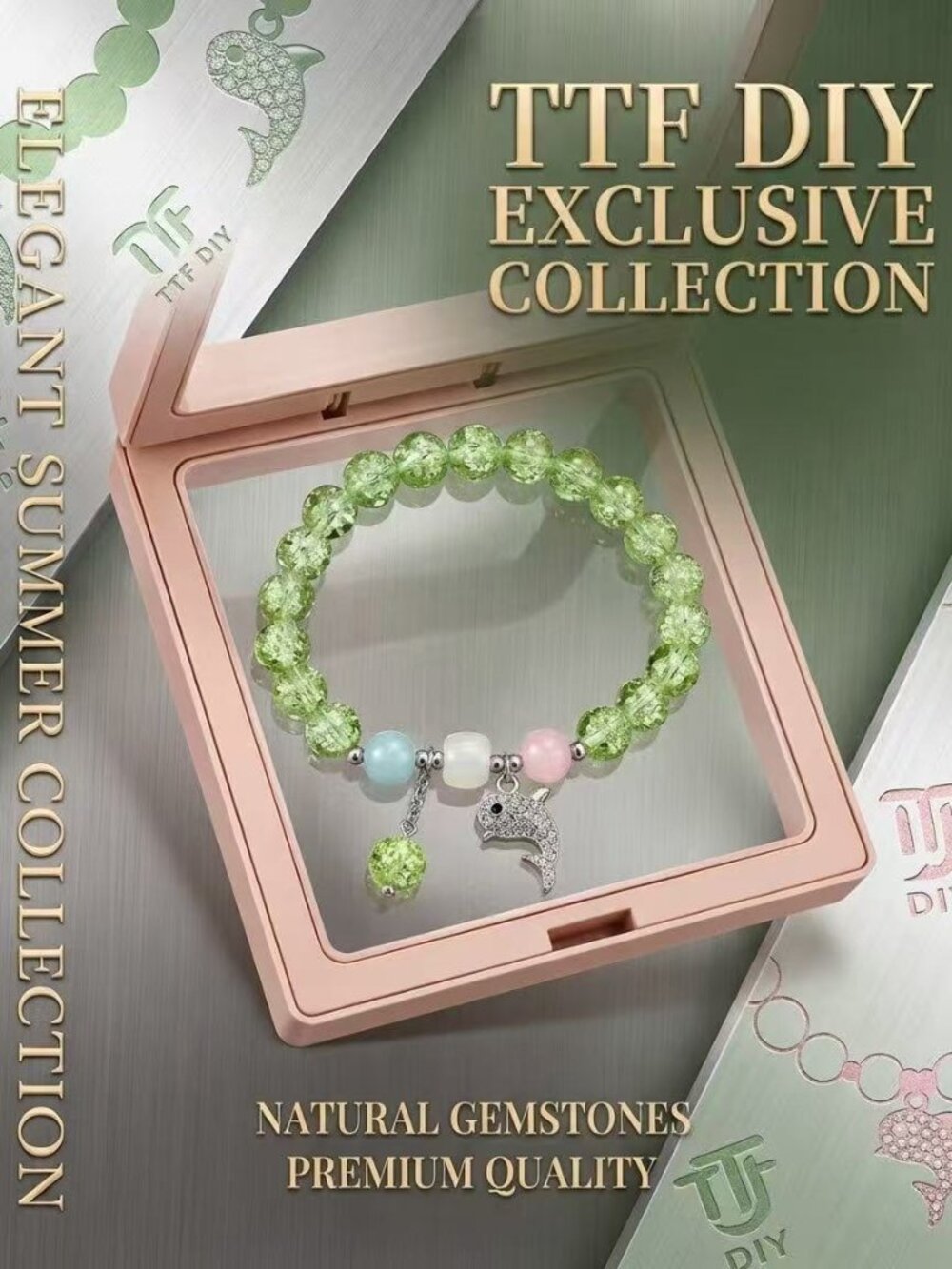 TTF DIY Summer Dolphin Green Gemstone Bracelet - Elegant Crystal Beaded Jewelry